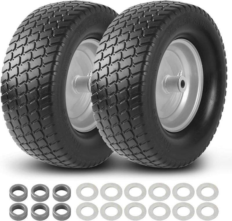 Photo 1 of (2-Pack) 16x6.50-8 Tire and Wheel Flat Free - Solid Rubber Riding Lawn Mower Tires and Wheels - With 3" Offset Hub and 3/4" Bushings - 16x6.5-8 Tractor Turf Tire Turf-Friendly 3mm Treads