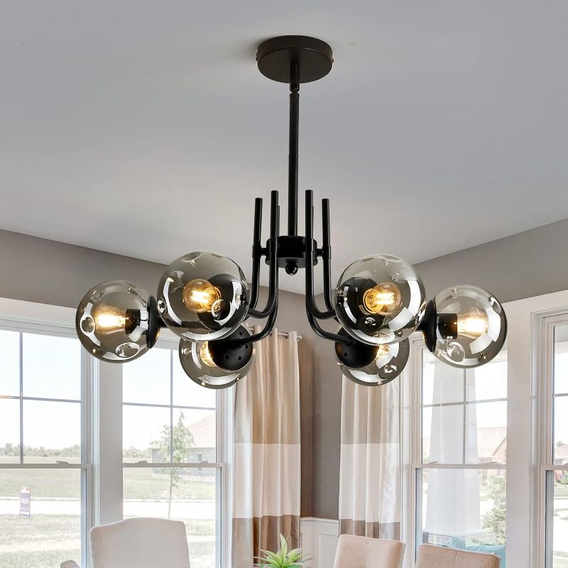 Photo 1 of 6-Lights Glass Globe Sputnik Chandeliers Modern Metal Ceiling Light Fixture Black Semi Flush Mount Chandelier for Living Room Dining Room Bedroom Farmhouse Kitchen