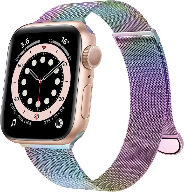 Photo 1 of ***USED** Apple Watch Band Series 8 7 6 5 4 3 2 1 SE 38mm 40mm 41mm 42mm 44mm 45mm Women and Men, Stainless Steel Mesh Loop Magnetic Clasp Replacement for iWatch Bands (45mm/44mm/42mm, Rainbow).