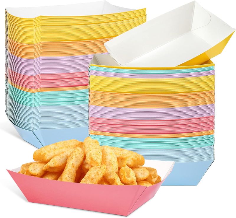 Photo 1 of 120 Pcs Paper Food Boats Disposable Colorful Paper Food Trays Hot Dog Trays Grease Resistant Paperboard Nacho Trays Disposable Serving Trays for Christmas Party Hot Corn Dogs(1 lb)