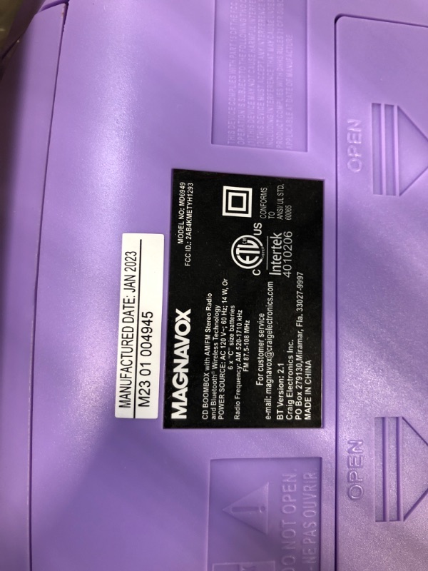 Photo 3 of ** missing power cord**
Magnavox MD6949 Portable Top Loading CD Boombox with AM/FM Stereo Radio and Bluetooth Wireless Technology in Black | CD-R/CD-RW Compatible | LED Display | (Purple)