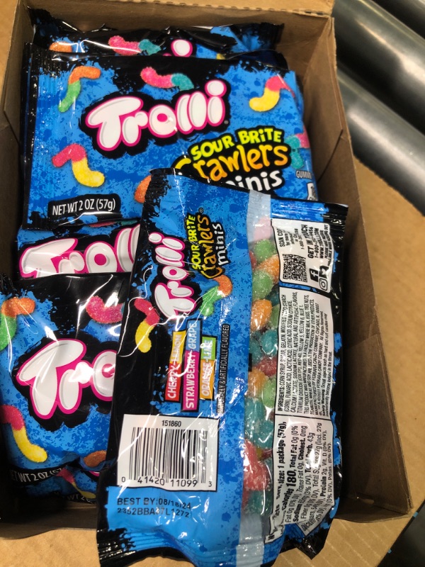 Photo 2 of ***NO RETURNS**
Trolli Sour Brite Crawlers Minis Candy, Sour Gummy Worms, 2 Ounce Treat-Size Pouches (Pack Of 18) Original 2 Ounce (Pack of 18) EXP AUG 2024
