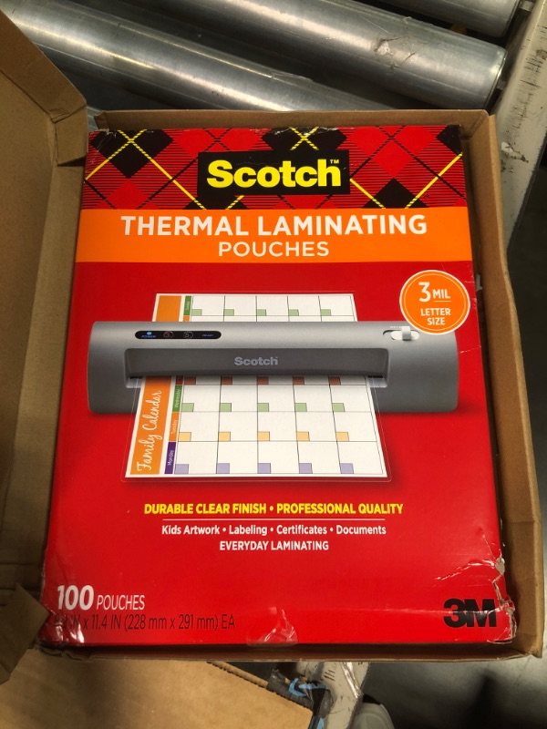 Photo 2 of "ITEM IS NEW,ONLY THE BOX IS DENTED"
Scotch 11-1/2 in. x 9 in. Letter Size Thermal Laminating Pouches (100 Per Pack)