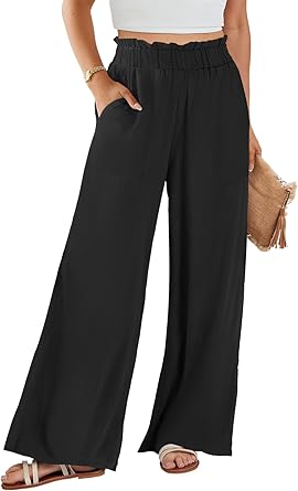 Photo 1 of ***similar item***ANRABESS Women's Linen Palazzo Pants 2024 Summer Casual Elastic Waistband Drawstring Wide Leg Harem Pants Beach Trousers Black Medium