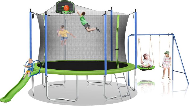 Photo 1 of ***Box 1 of 2, missing other half of the set*** 12ft Trampoline Combination with Swing and Slide, Trampoline with Safety net and Basketball Hoop, Outdoor Trampoline for Kids and Adults Green
***Stock photo shows a similar item, not exact***
***SPRINGS FOR