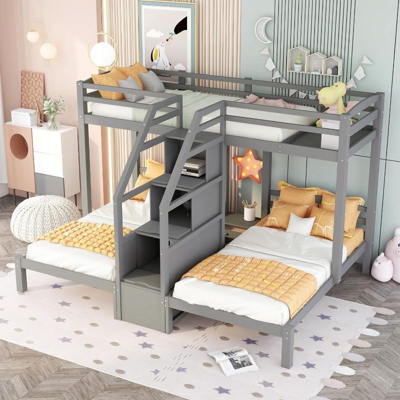 Photo 1 of ***Only partial set, box 2 of 2, missing box 1***Triple Bunk Bed Twin Over Twin & Twin Bunk Bed with Staircase,1 Drawer, and Guardrails, Bunk Bed for Family, Teens, No Box Spring Needed
***Stock photo is a similar item*** 