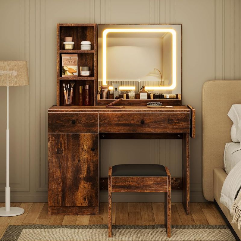 Photo 1 of ***No mirror*** IDEALHOUSE Vanity Desk with Mirror & Light, Large Storage Space with 2 Drawers and 3 Tiers of Open Shelves, 3 Lighting Modes Adjustable Brightness, Bedroom Dressing Table, Brown
