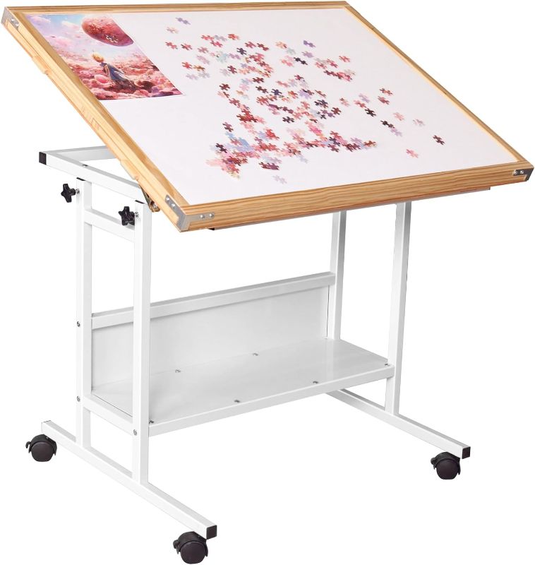 Photo 1 of 1500 PCS Puzzle Table/w Built-in Whiteboard? 26"x35" Height Adjustable Jigsaw Wooden Puzzle Board with Drawers and Wheels?5-Tilting-Angle Enclosed Jigsaw Puzzle Desk for Adults?White
