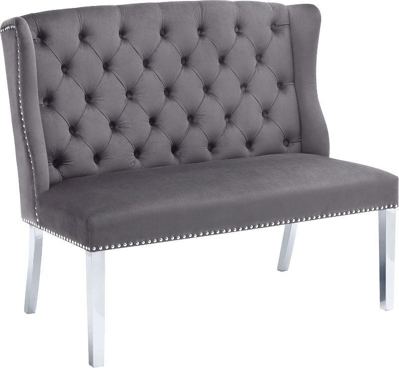 Photo 1 of ***Stock photo is not an exact item*** Furniture Suri Collection Velvet Upholstered Settee Bench with Chrome Stainless Steel Legs and Nailhead Trim