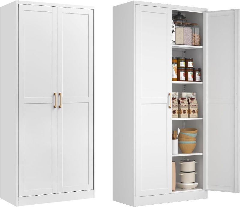 Photo 1 of ***partial set, only box 2 of 2***White Kitchen Pantry Cabinet, Pantry Storage Cabinet with Doors and Adjustable Shelves, Metal Food Pantry Cabinets with Handle