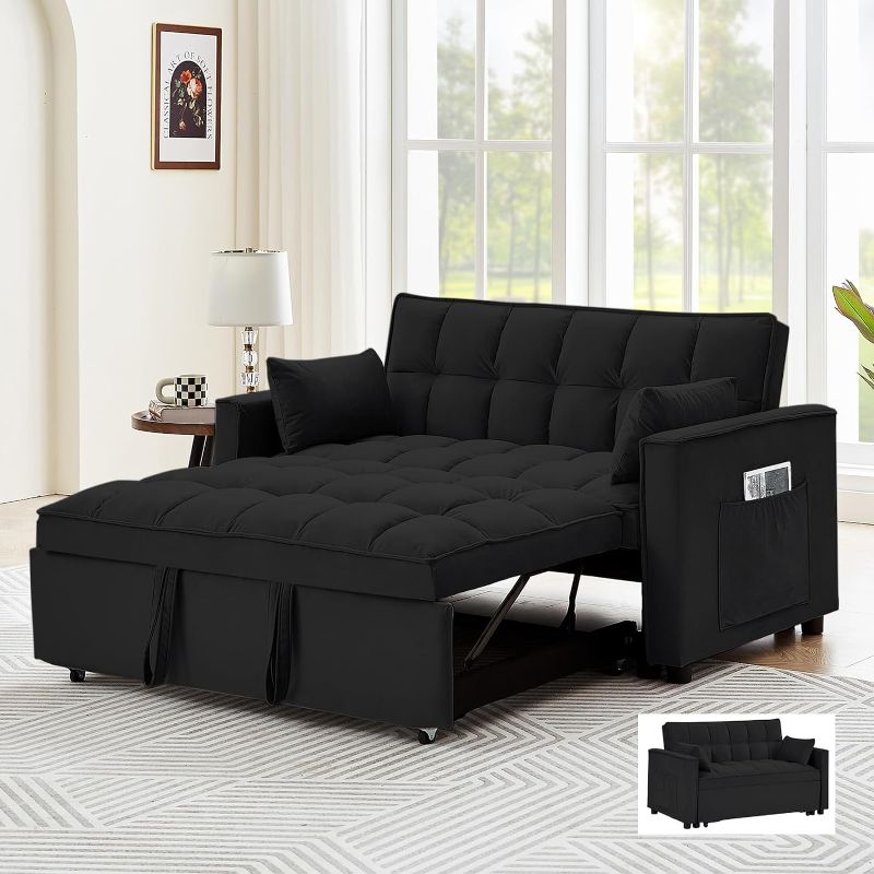 Photo 1 of ***Stock photo is a similar item, actual item shown in last photo*** Convertible Sleeper Sofa 3 in 1 Velvet Small Loveseat with Pull Out Bed, Reclining Backrest, Toss Pillows and Pockets, Futon Couches for Living Room Apartment Office