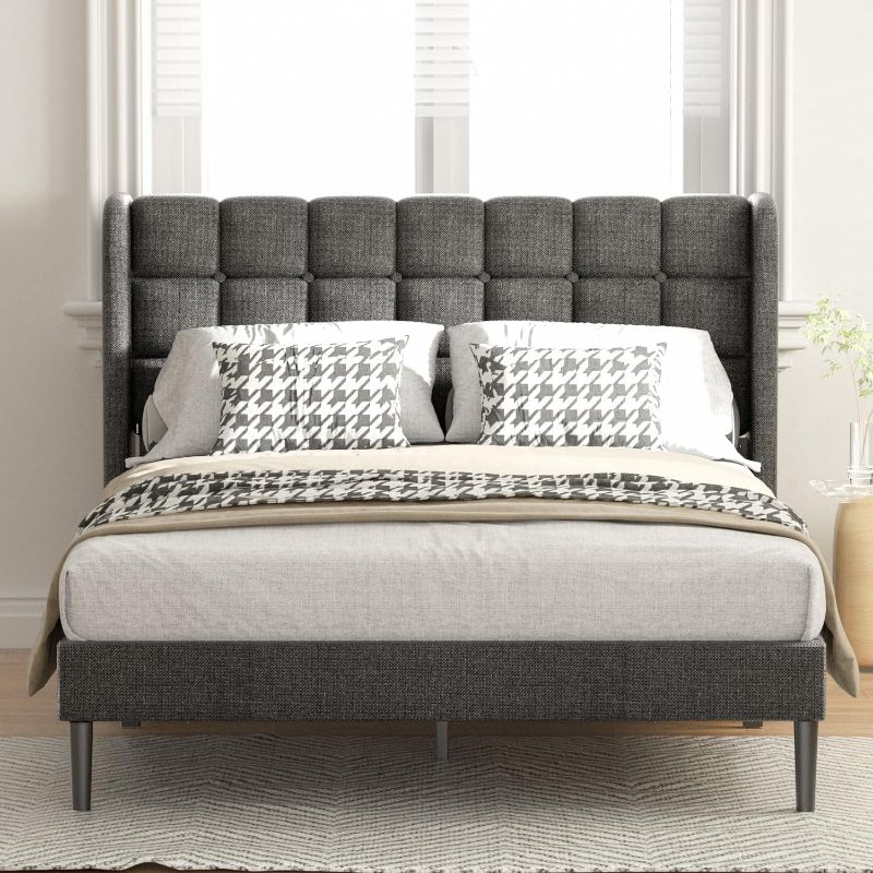 Photo 1 of ****USED*** Full Size Bed Frame with Upholstered Wingback Headboard, Modern Platform Bed Frame, Mattress Foundation with Wooden Slats Support, No Box Spring Needed, Easy Assembly, Dark Grey