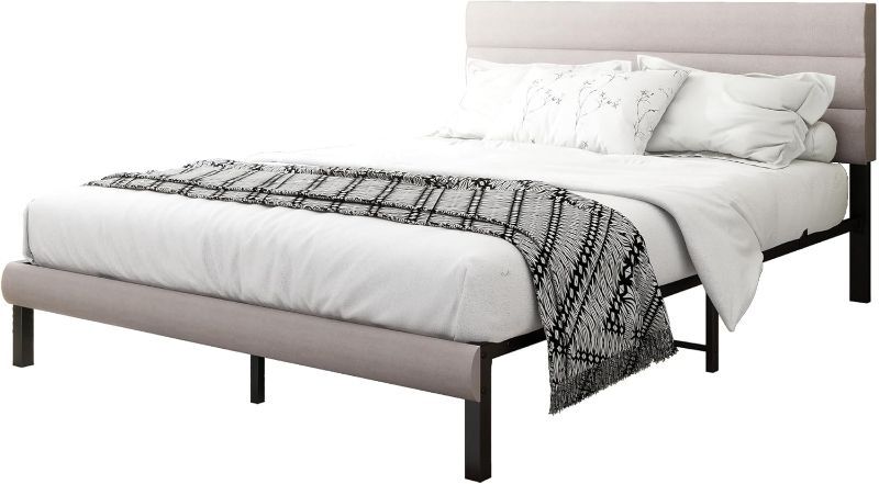 Photo 1 of ****USED** Albearing Premium Upholstered Platform Metal Queen Bed Frame with Headboard and Footbard?Easy Assembly?Modern Classic Style (Gray, Queen), Grey