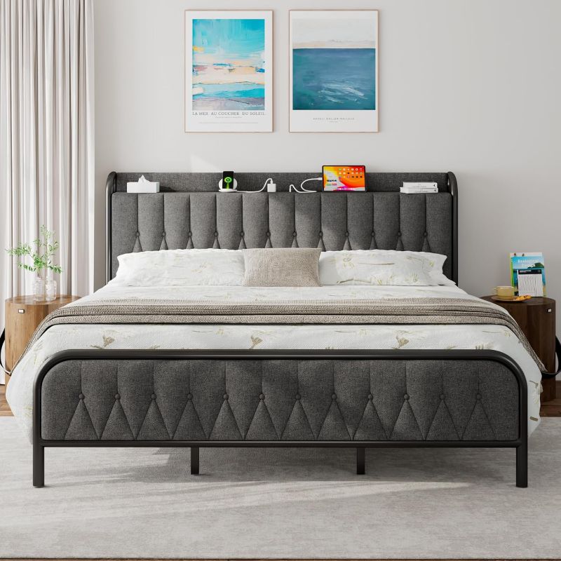 Photo 1 of ***THE MEASUREMENTS ARE UNKNOWN / ***product similar to the original photo*** / ***NO RETURNS*** iPormis Metal Bed Frame with Charging Station,Upholstered Headboard and Footboard, Heavy Duty Steel Support, 12" Under Bed Storage, No Box Spring Needed, Easy