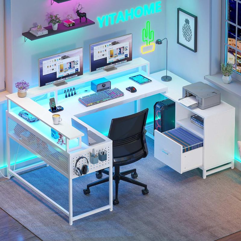 Photo 1 of ***BLACK COLOR*** / ***product similar to the original photo*** YITAHOME U Shaped Desk, L Shaped Desk with Drawers, Reversible Computer Desk with Power Outlets & LED Lights, Corner Desk Office Desk with Monitor Stand & Storage Shelves, BLACK