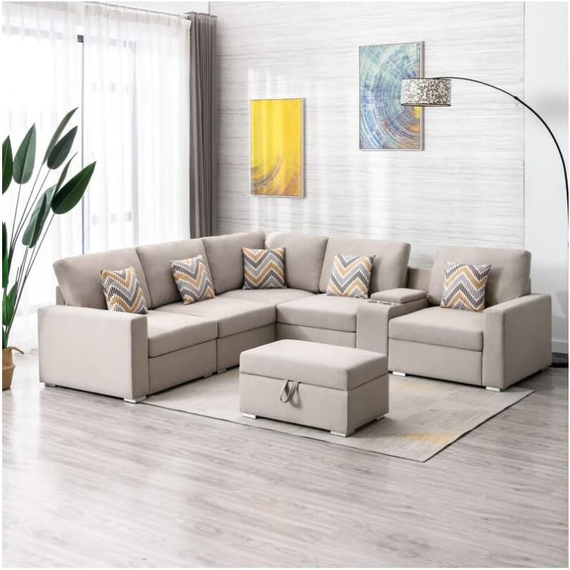 Photo 1 of ****MISSING BOX 2****** Lilola Home Nolan Beige Linen Fabric 7Pc Reversible Sectional Sofa with Interchangeable Legs, Pillows, Storage Ottoman, and a USB, Charging Ports, Cupholders, Storage Console Table