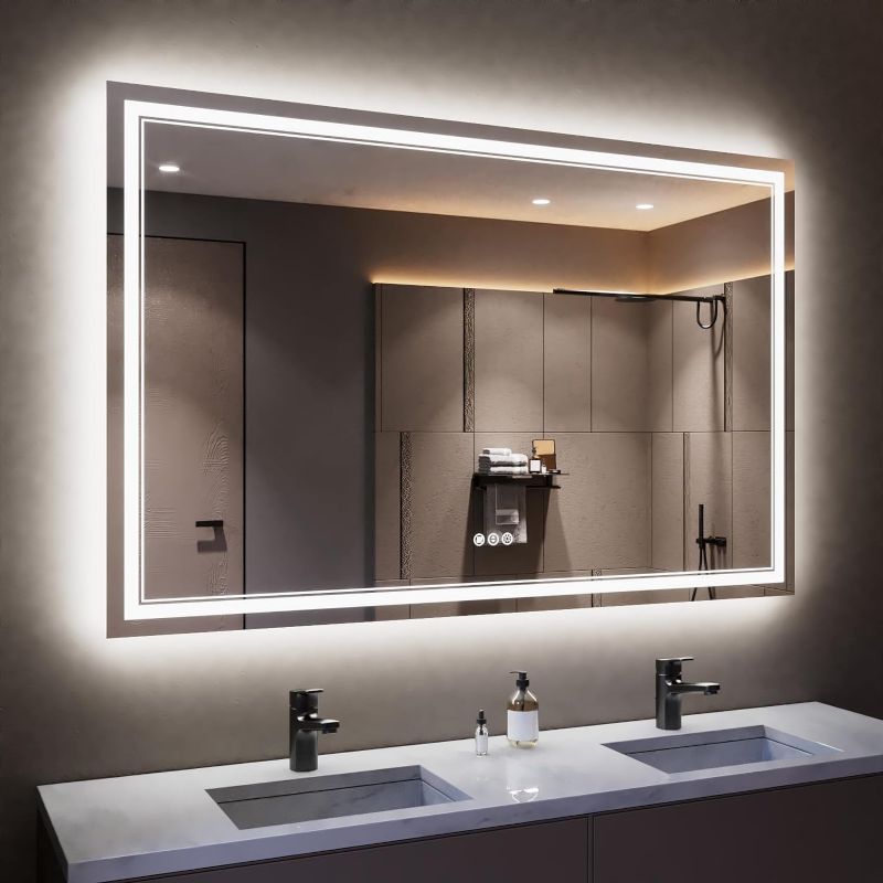 Photo 1 of 55 x 36 Inch LED Bathroom Mirror with Lights, Backlit and Front Lighted Bathroom Mirrors for Wall, Anti-Fog Dimmable Memory Shatterproof LED Vanity Mirror for Bathroom