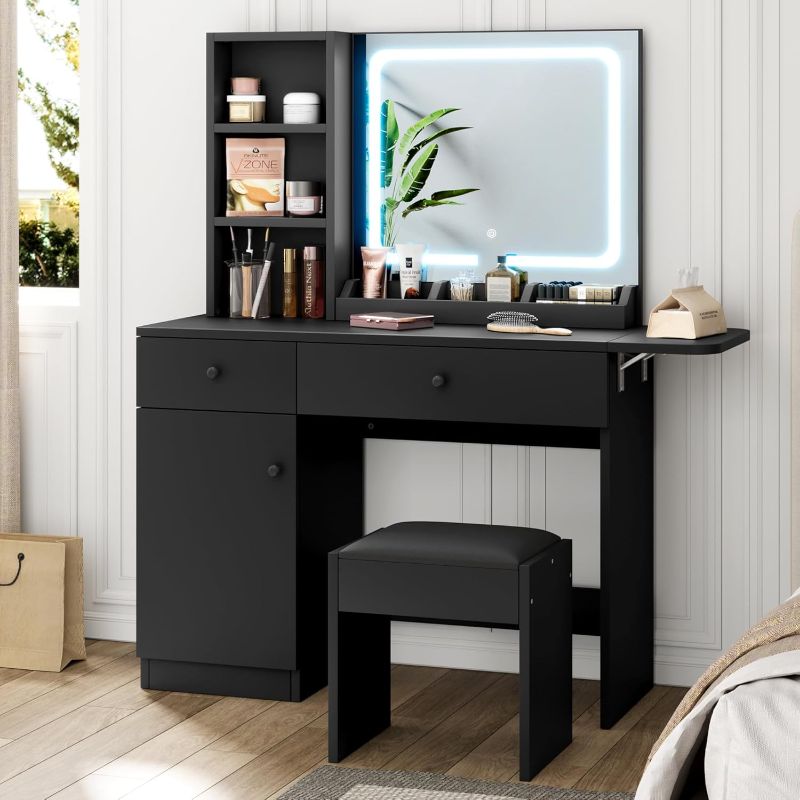 Photo 1 of ***NOT EXACT***\
GAOMON Makeup Vanity Desk with Mirror and Lights, Vanity Desk Set with Outlet & Drawers & Open Shelf & Storage Cabinet, Vanity Table Set for Bedroom, Black
