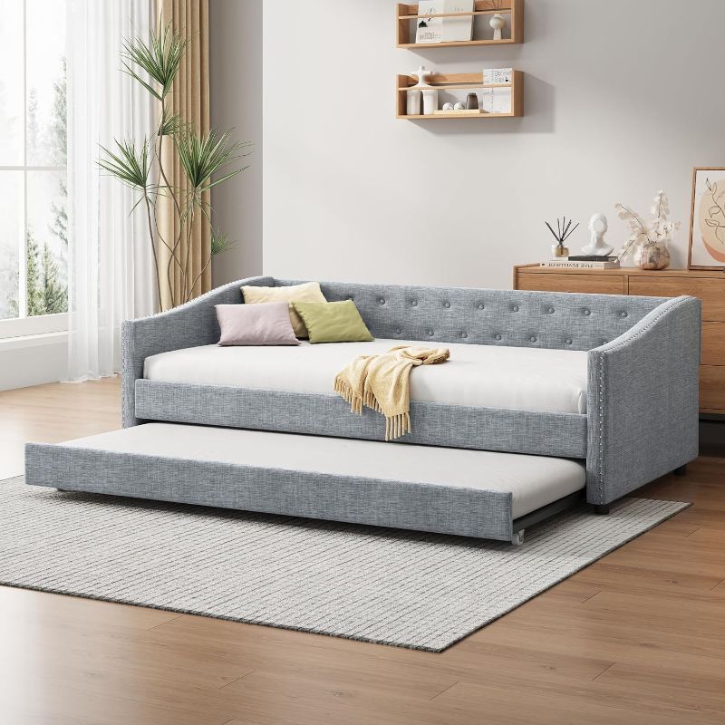 Photo 1 of ***NOT EXACT***
Daybed with Trundle, Linen Upholstered Day Bed Frame with Button Tufted Backrest and Nailhead Decorated Armrest,Wood Slat Support,No Box Spring Needed, Light Grey