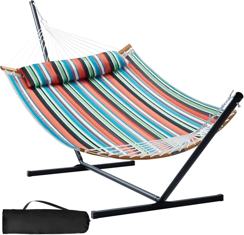 Photo 1 of ***STOCK PHOTO SIMILAR ITEM***Touchat Double Hammock with Stand Heavy Duty, 480 LB Capacity Two Person Portable Hammock with Pillow, Curved-Bar, Portable Storage Bag, Anti-Rollover Design for Outside & Indoor