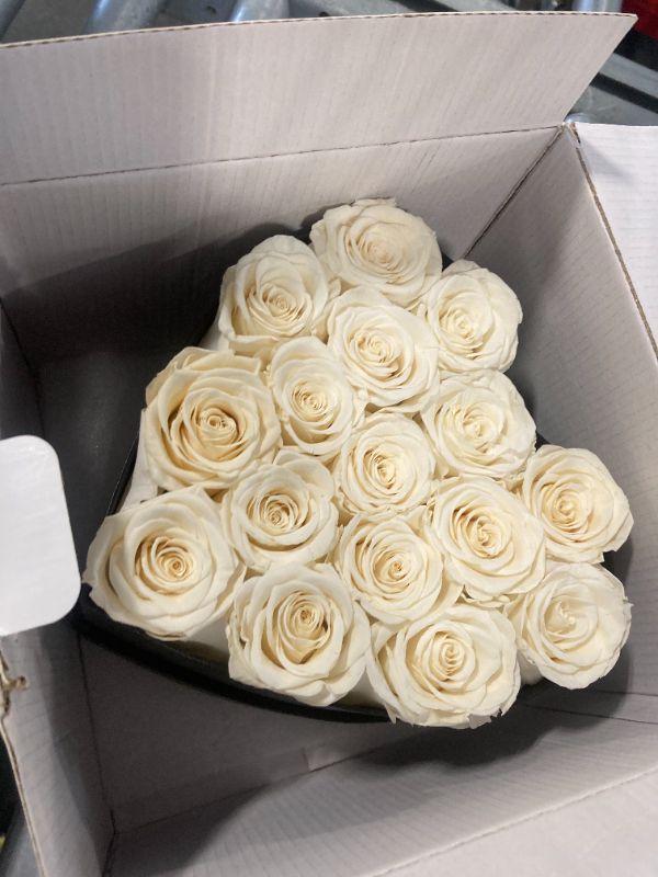 Photo 4 of ****USED*** Eterfield Forever Flowers in Heart Shape Box Preserved Roses That Last Over a Year Gifts for Mother Wife Valentines Day Mothers Day (Black Box, 16 White Roses)