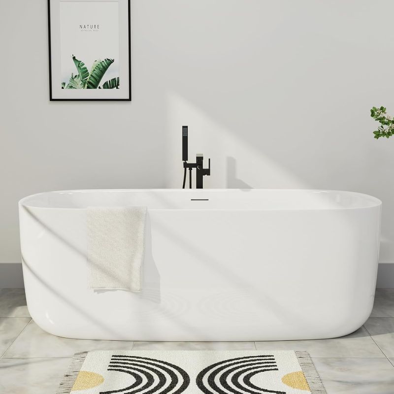 Photo 1 of ***NOT EXACT***59" Lucite Acrylic Freestanding Bathtub, Rectangular Shape Contemporary Soaking Tub with Toe-tap Chrome Center Drain, Slotted Overflow, cUPC Certified, Glossy White
