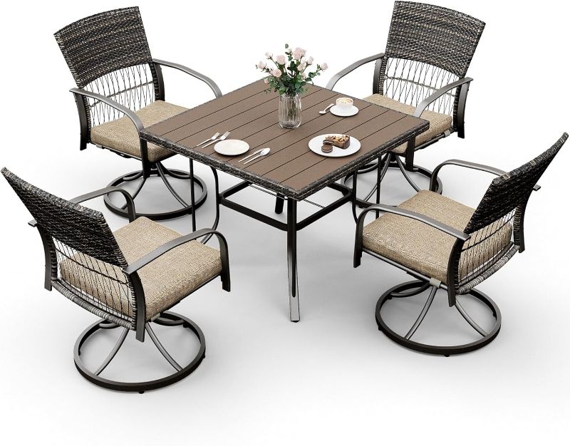 Photo 1 of ***JUST CHAIRS***Pamapic 5 Piece Patio Dining Set for 4,Outdoor Wicker Furniture Set for Backyard Garden Deck Poolside with 4 Cushions Swivel Rocker Chairs,Square Plastic-Wood Table Top, Removable Cushions(Beige) (2 BOXES)