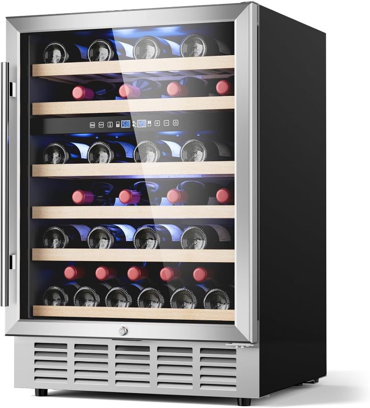 Photo 1 of 24 Inch Dual Zone Wine Cooler, 51 Bottle Wine Refrigerator with Removeable Shelves & Blue Interior Light, Stainless Steel Wine Fridge, Built-in/Freestanding (Dual Zone & Silver Door)
