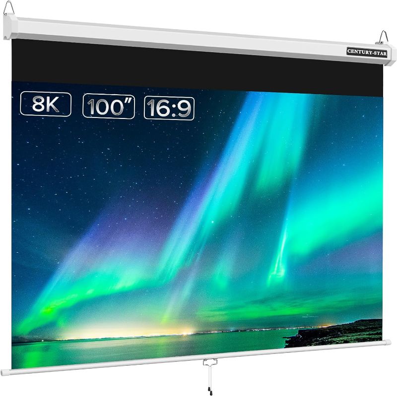 Photo 1 of 100 inch Projector Screen Pull Down, 3 Layers PVC Auto-Locking Manual Pull Down Projector Screen Retractable, 16:9 Portable Projector Screen Indoor Outdoor - Home Theater Office Education