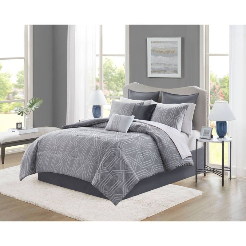 Photo 1 of 12pc Queen Aya Jacquard Geo Comforter & Sheets Bedding Set - Gray
