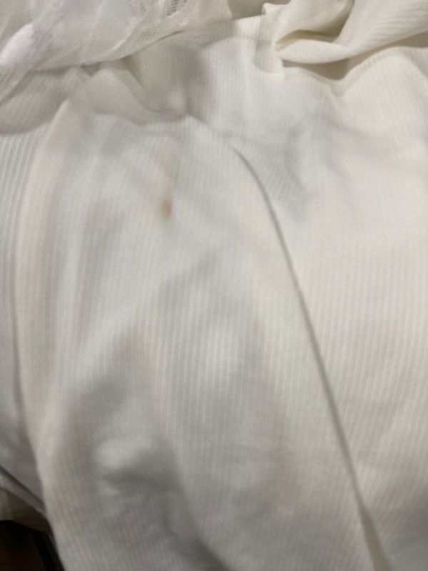 Photo 1 of ****USED**SMALL STAIN ON SHIRT**PLEASE SEE PHOTOS***Qearal ???? ??? Women's Puffy Sheer Mesh Long Sleeve Polka Dot Square Neck Ribbed Blouses and Tops Small White