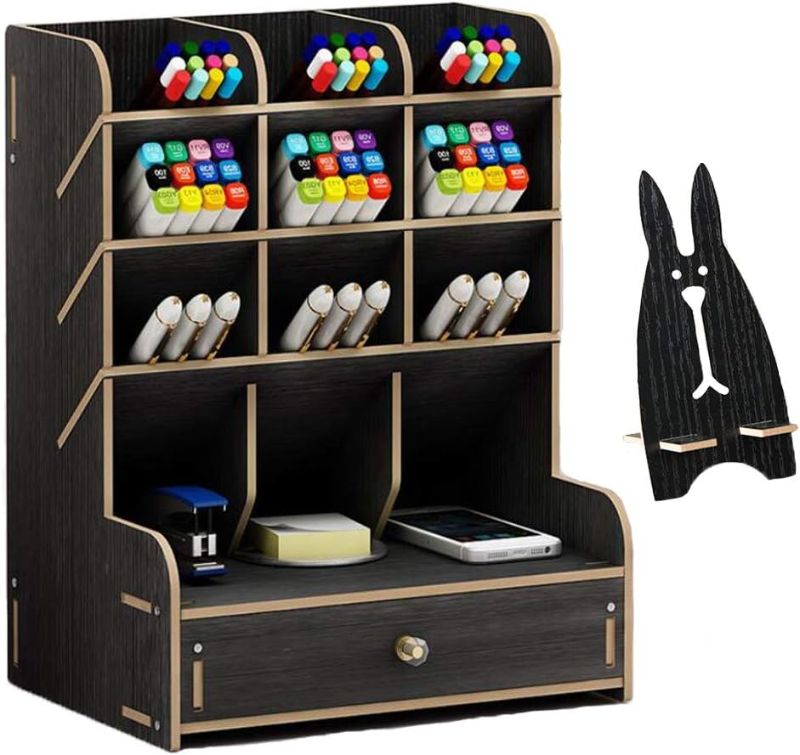 Photo 1 of  2 Pack Marbrasse Wooden Desk Organizer, Multi-Functional DIY Pen Holder, Organizer for desk, Desktop Stationary, Easy Assembly, Home Office Art Supplies Storage with Drawer (B11-Black)