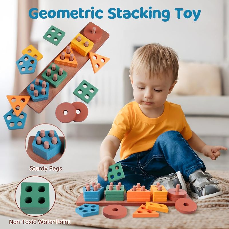 Photo 1 of 
6 in 1 Montessori Baby Toys for 1 + Year Old, Infant Sensory Teething Toys for Babies 6-12 Months, Wooden Stacking Building Blocks Shape Sorter, Xylophone...