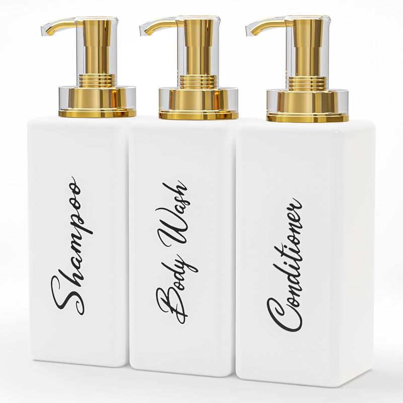 Photo 1 of Akalin Shiny Shampoo and Conditioner Dispenser 16oz, Set of 3 Refillable Shampoo and Conditioner Bottles with Pump, 3 Clear Body Wash Dispenser for Shower, Shiny Gold Soap Dispenser Bathroom (Clear)
