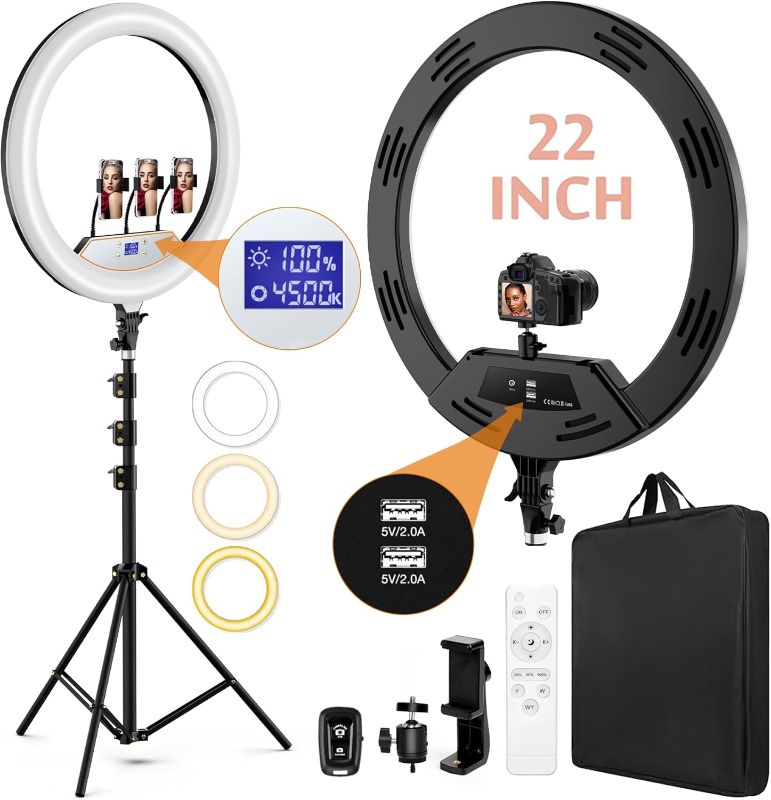 Photo 1 of 22" LED Ring Light, with 75" Tripod/LCD Display/3+1 Phone Clips/ 2 USB Ports/Wireless Remote, Adjustable 2600K-6500K Color Temperature, for YouTube Facebook Live TikTok Video Recording Vlog