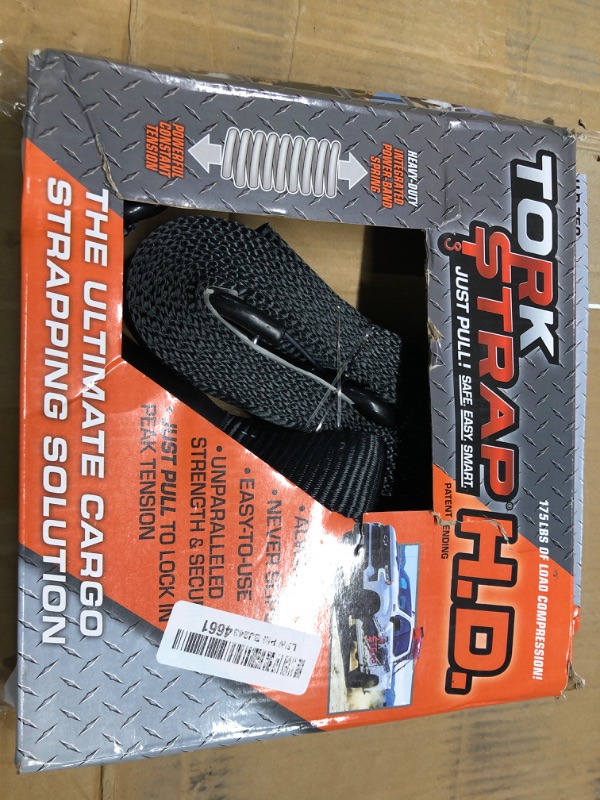 Photo 2 of ***Only one strap in package***
TorkStrap HD750 | 14'x1.5'' Spring Loaded Tie Down Straps - Adapts to Load Shifts - Heavy Duty 2250lbs Max Load - Just Pull Alternative to Ratchet Straps w/Hooks - Secure Motorcycles, Kayaks (2-Pack)