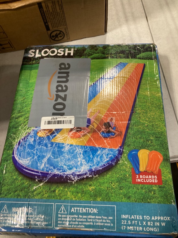 Photo 2 of ***used***Sloosh 22.5ft Triple Water Slide and 3 Body Boards, Backyard Lawn Water Slides with Outdoor Slip Sprinkler for Kids Adults Summer Water Fun Toy