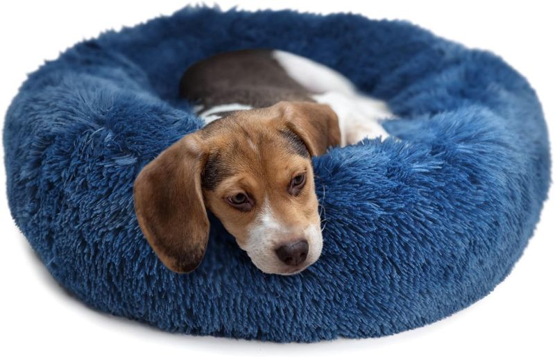 Photo 1 of Calming Bed for Dogs 30 Inches Navy Blue Dog Beds for Medium Dogs Washable Anti-Anxiety Dog Beds for Medium Dogs
