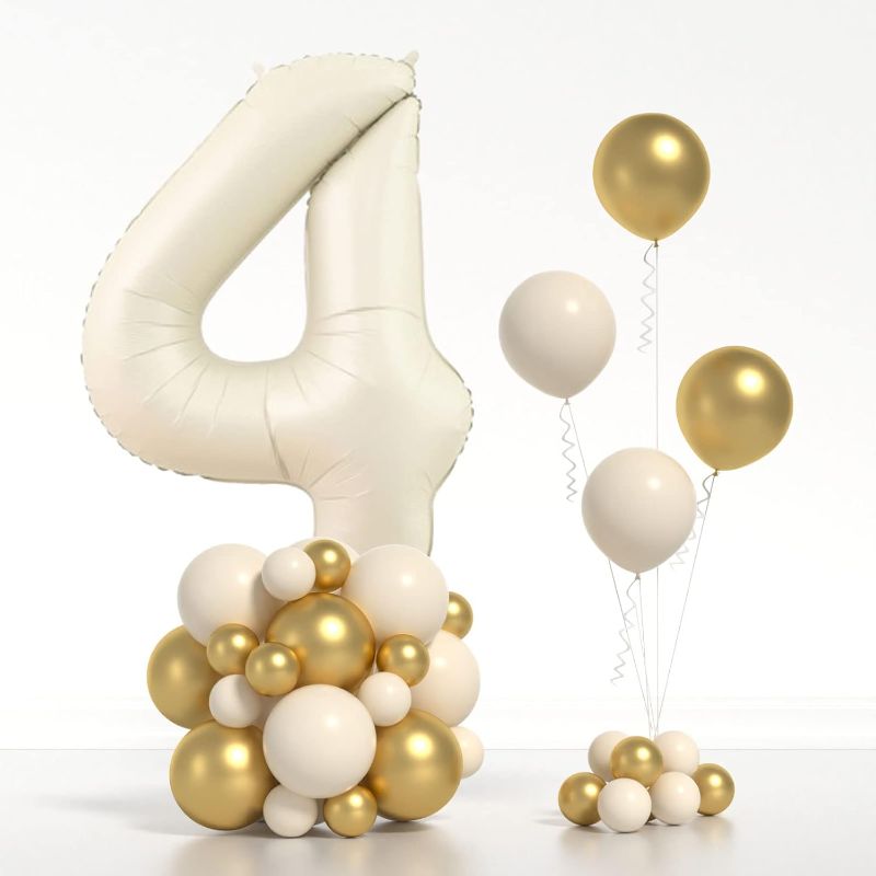 Photo 1 of 40 Inch Cream Number 4 Balloons Set with White Sand Balloons Metallic Gold Balloons, Digit 4 Helium Balloons Large Foil Number 4 Beige Balloon for 1st Birthday Party Decor Wedding Anniversary
