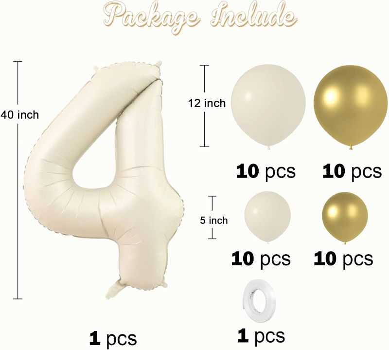 Photo 2 of 40 Inch Cream Number 4 Balloons Set with White Sand Balloons Metallic Gold Balloons, Digit 4 Helium Balloons Large Foil Number 4 Beige Balloon for 1st Birthday Party Decor Wedding Anniversary
