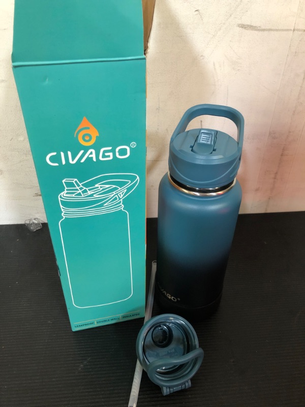 Photo 2 of 1pc---CIVAGO 32 oz Insulated Water Bottle With Straw, Stainless Steel Sports Water Cup Flask with 3 Lids (Straw, Spout and Handle Lid), Wide Mouth Travel Thermal Mug, Indigo Black .Indigo Black 32 oz