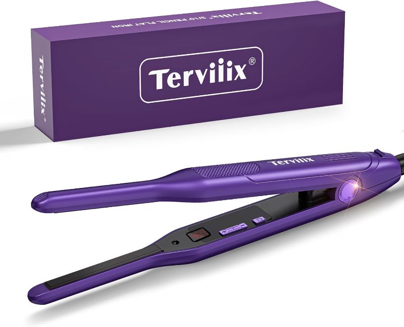 Photo 2 of  Terviiix Ceramic Pencil Flat Iron for Edges, 3/10 Inch Skinny Hair Straightener with LCD Digital Display, Mini Flat Iron for Pixie & Beard, Small Flat Irons for Short Hair, Auto Shut Off, Purple
