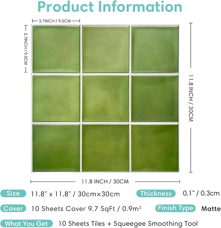 Photo 1 of 10 Pcs 3D Green Peel and Stick Tile 11.8"x11.8" Easy DIY Matte Ultra-Light Square Peel and Stick Backsplash for Kitchen Peel and Stick Wall Tiles for Bedroom,Living Room,Bathroom,RV
