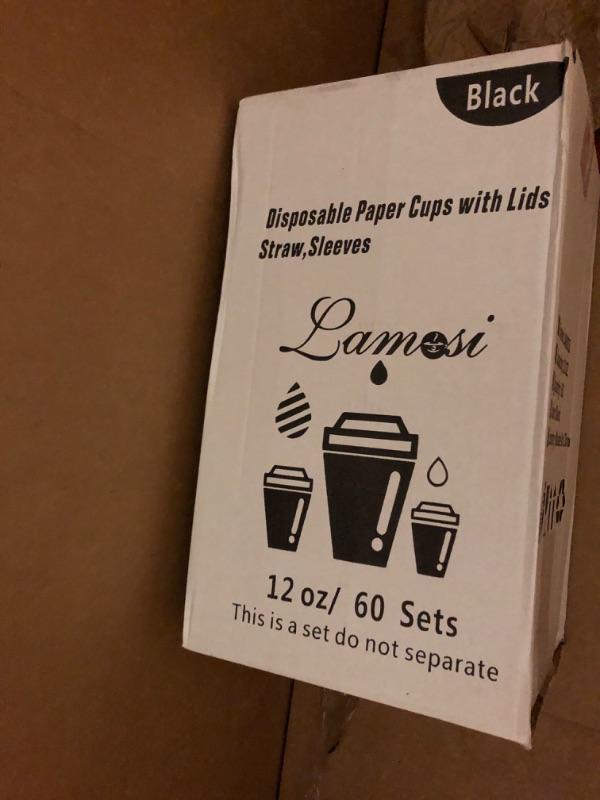 Photo 2 of Lamosi 12OZ Coffee Cups, 12 Ounce To Go Cups with Lids, Stir Sticks and Sleeves, 12 Ounce Disposable Coffee Cups, 12 Ounce Black Hot Paper Cups for Home, Travel, Office (12OZ, 60 Pack) Black 12OZ-60P