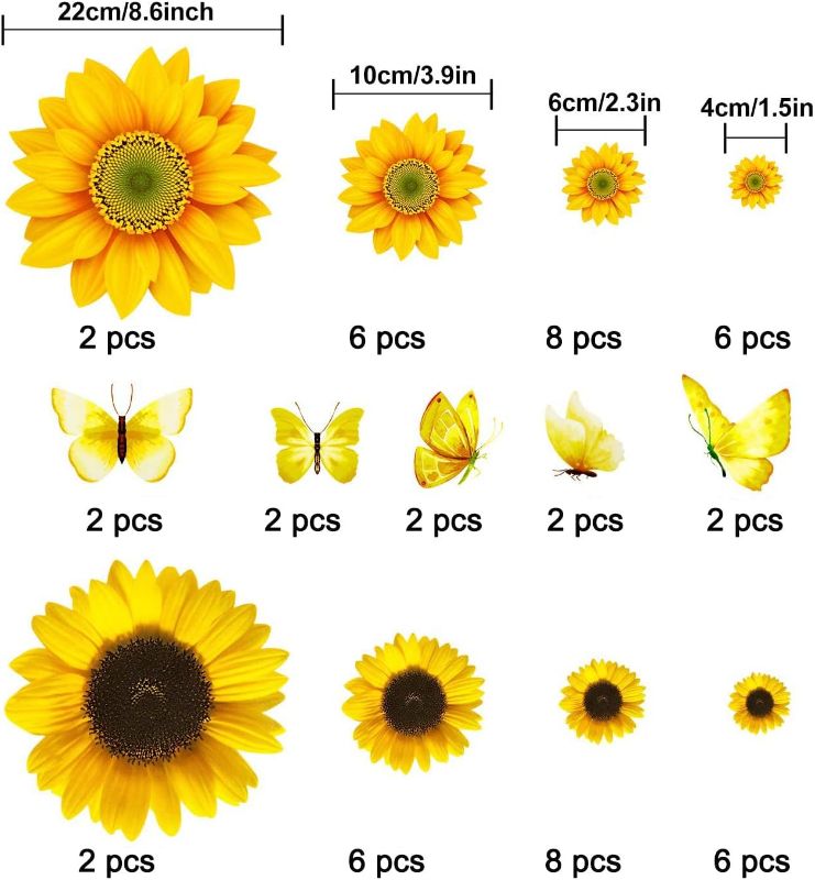 Photo 3 of  54 Pcs 3D Sunflowers and Butterfly Wall Stickers Decor - Large Sunflower Wall Decals Peel and Stick Yellow Flowers Stickers for Home Kitchen Bedroom Bathroom Living Room Decorations
