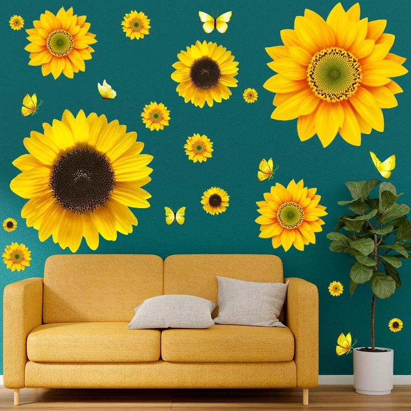 Photo 1 of  54 Pcs 3D Sunflowers and Butterfly Wall Stickers Decor - Large Sunflower Wall Decals Peel and Stick Yellow Flowers Stickers for Home Kitchen Bedroom Bathroom Living Room Decorations
