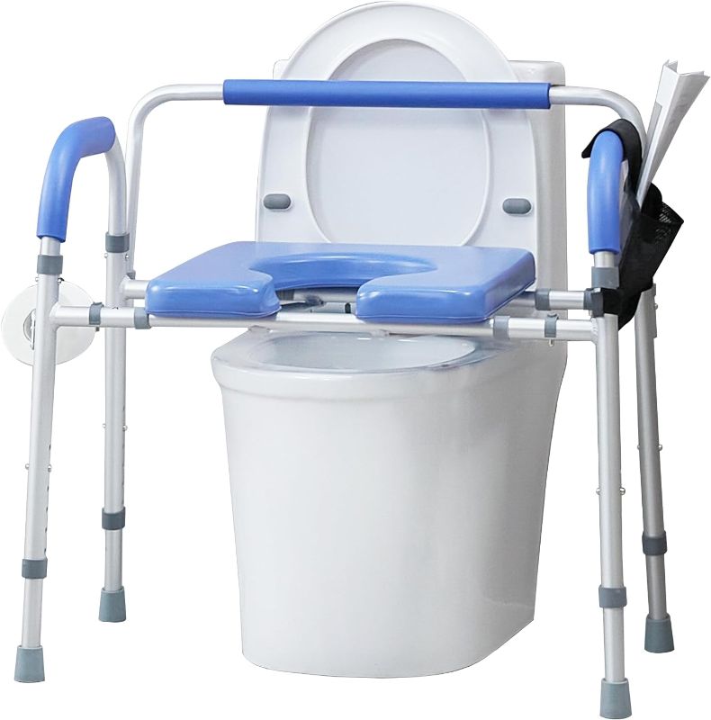 Photo 1 of ELENKER Heavy Duty Raised Toilet Seat with Armrests and Padded Seat, Elevated Toilet Seat Riser, Medical Bedside Commode Chair for Elderly and Disabled, Blue