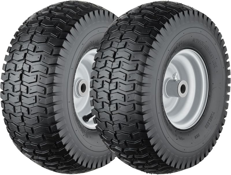 Photo 1 of 15x6.00-6 Lawn Mower Tires, 4 Ply Tubeless Lawn Mower Tires 15x6x6, Front Lawn Tractor Tires, 3” Offset Hub Long with 3/4” Bushings Garden Tire for Riding Lawn Mower (Pack of 2)