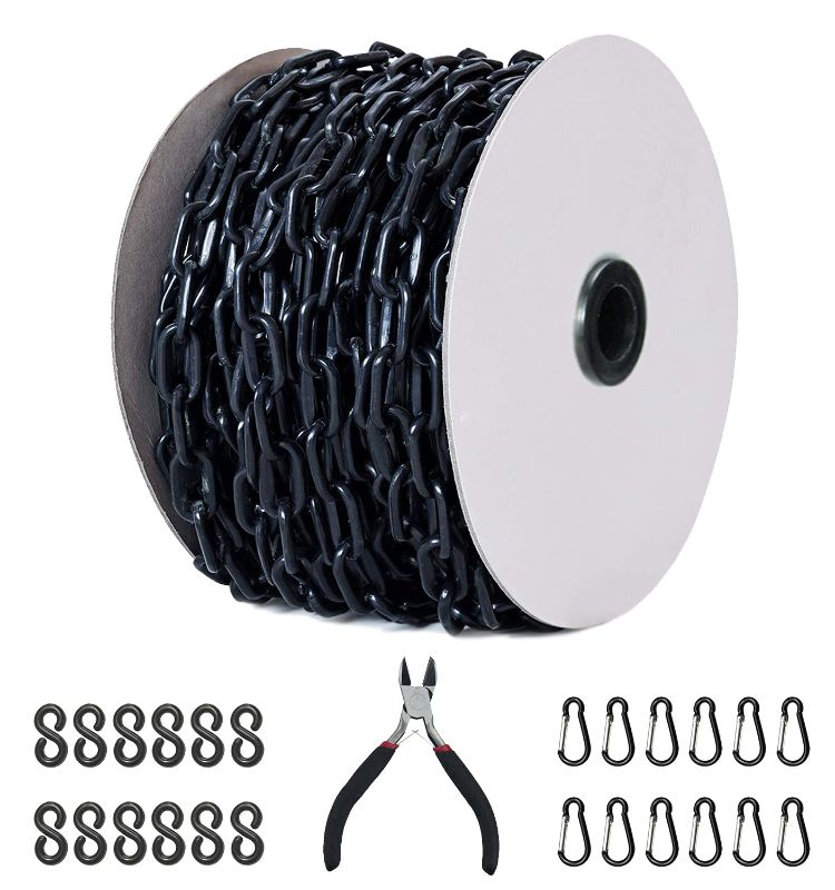 Photo 2 of 125 Feet Black Plastic Safety Barrier Chain with 12 Black S-Hooks | 12 Carabiner Clips | Caution Security Chain Safety Chain for Crowd Control, Construction Site