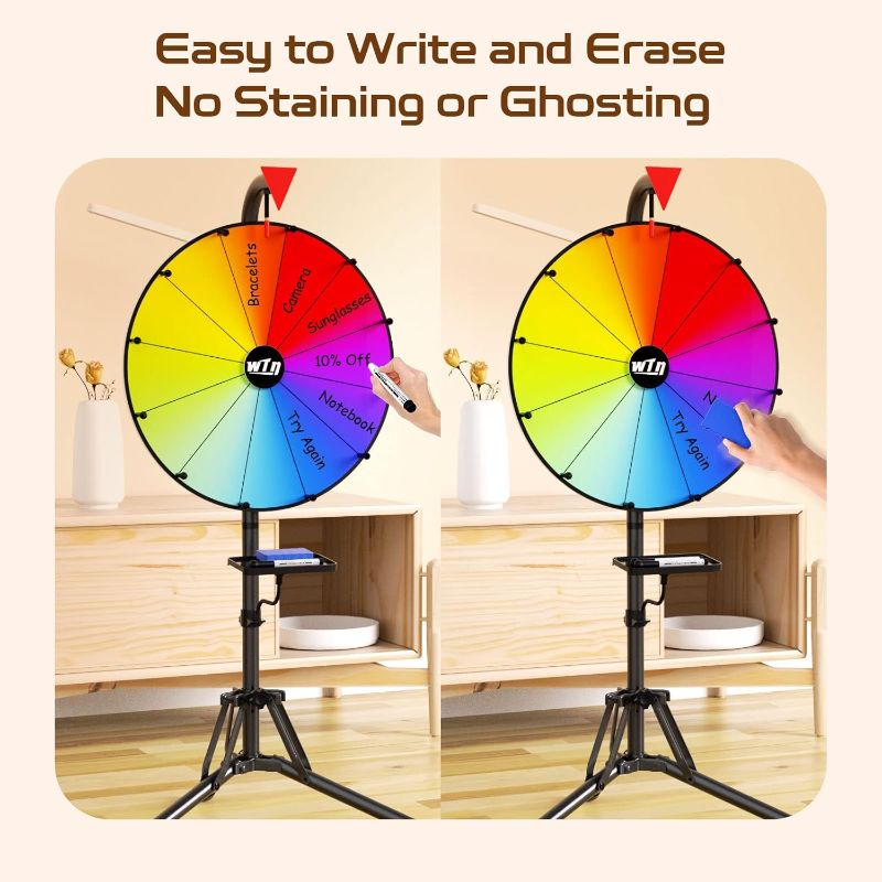 Photo 1 of 16” Color Prize Wheel, 12 Slots Spinning Wheel with Folding Tripod Floor Stand, Editable Raffle Wheel Spinner with Tray Dry Erase Markers & Eraser, for Carnival Trade Show Fortune Spinning Game